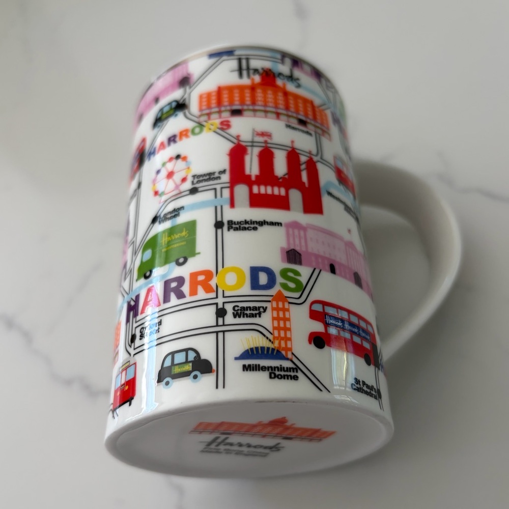 Harrods London guide map mug featuring illustrations famous landmarks
Rare item